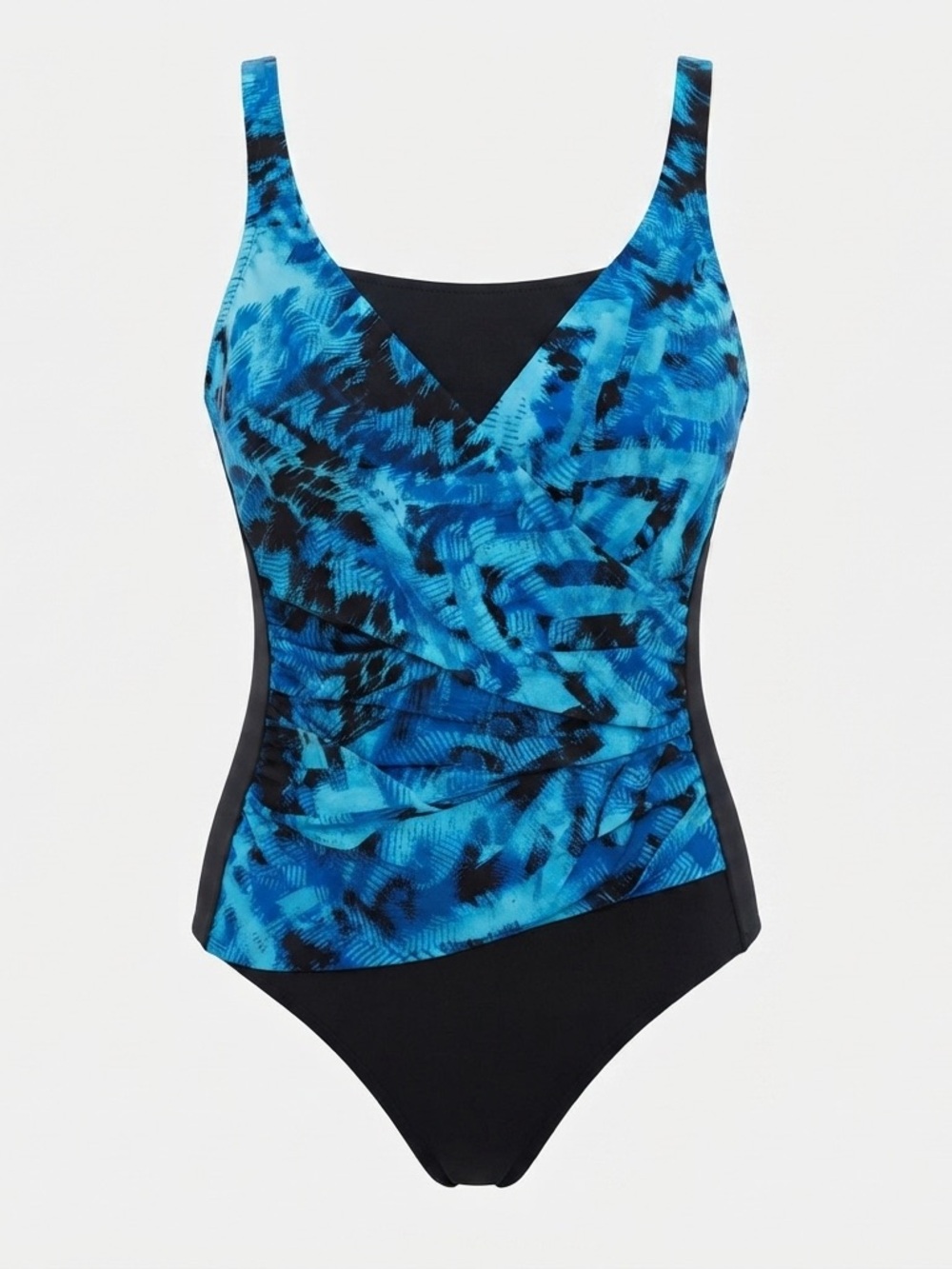 NWT Trimshaper Blue Black V-Neck One-Piece Swimsuit Sz 12